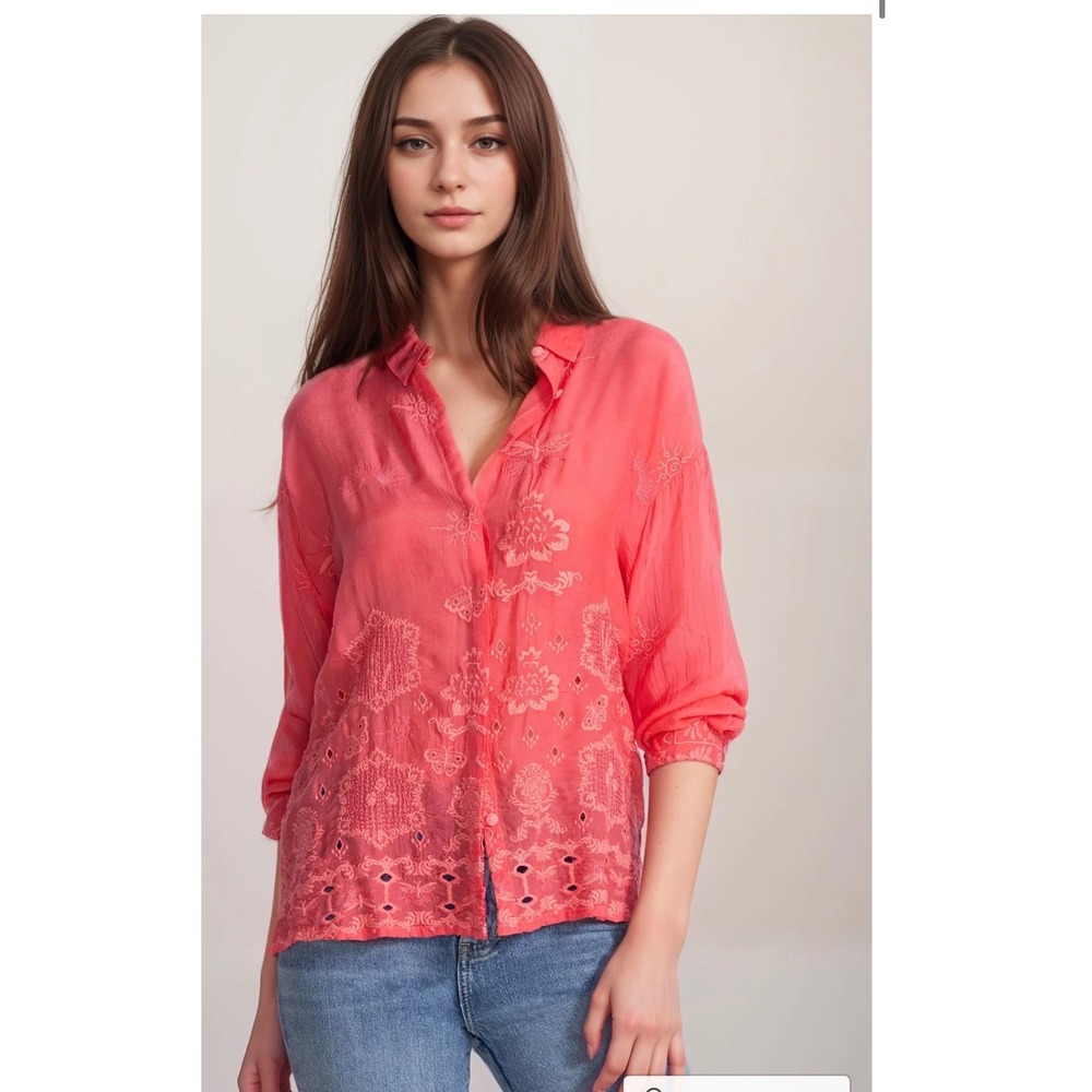 JOHNNY WAS Slim Audrey Button Down Shirt Small Pink NEW Embroidered Eyelet Boho